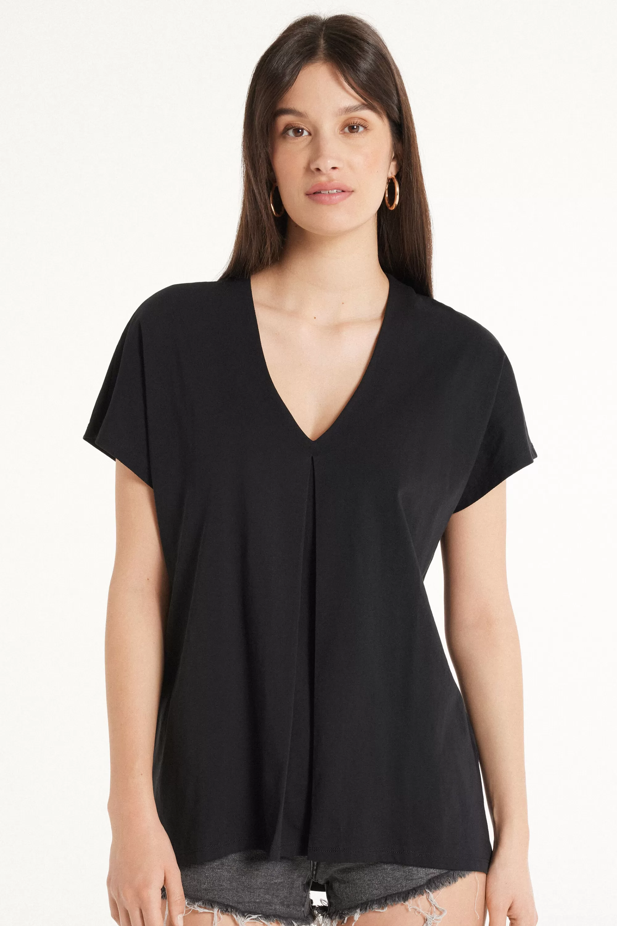 Store T-Shirt Scollo A V Con Pince In Cotone - Magliette Maniche Corte - Donna | Magliette maniche corte
