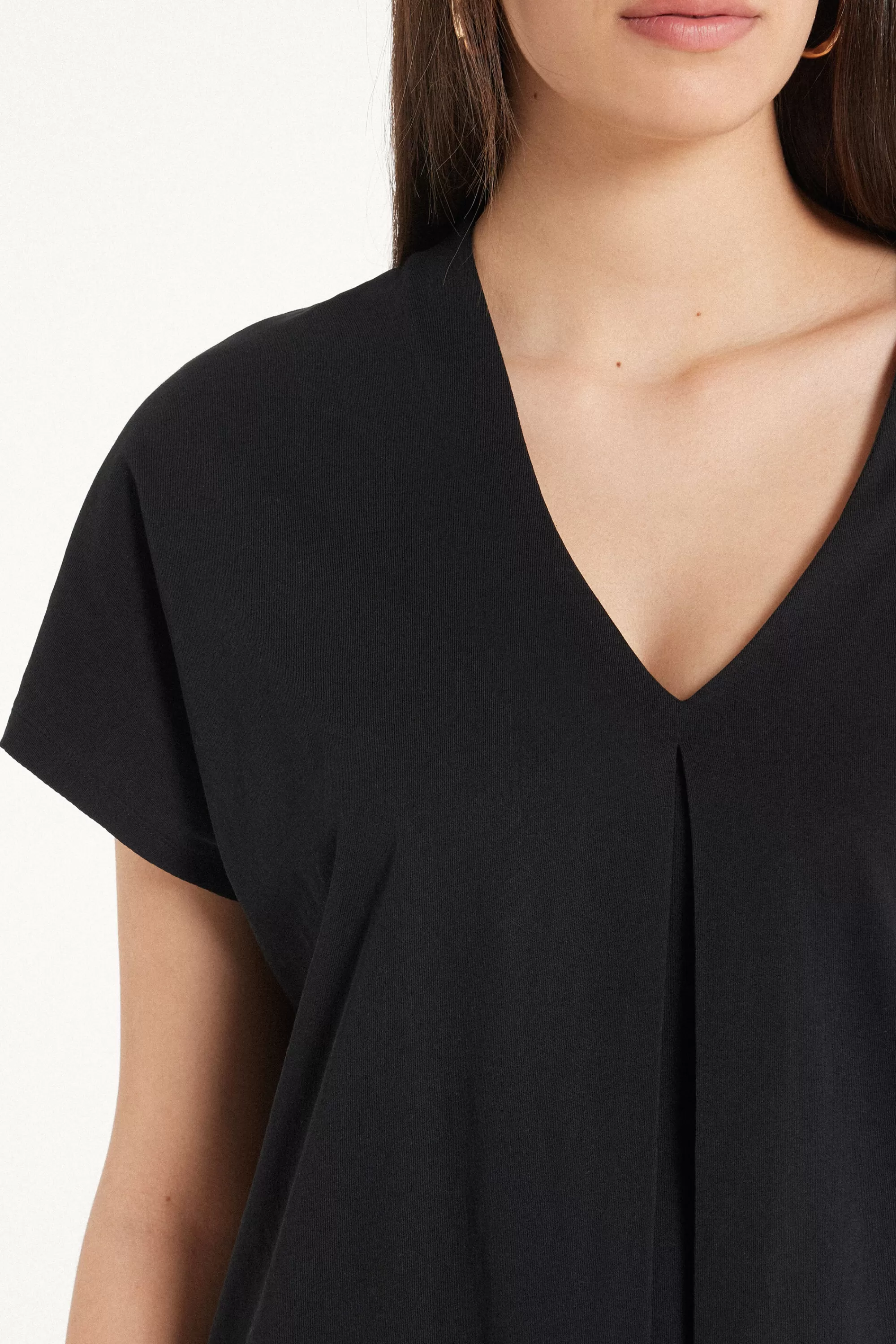 Store T-Shirt Scollo A V Con Pince In Cotone - Magliette Maniche Corte - Donna | Magliette maniche corte