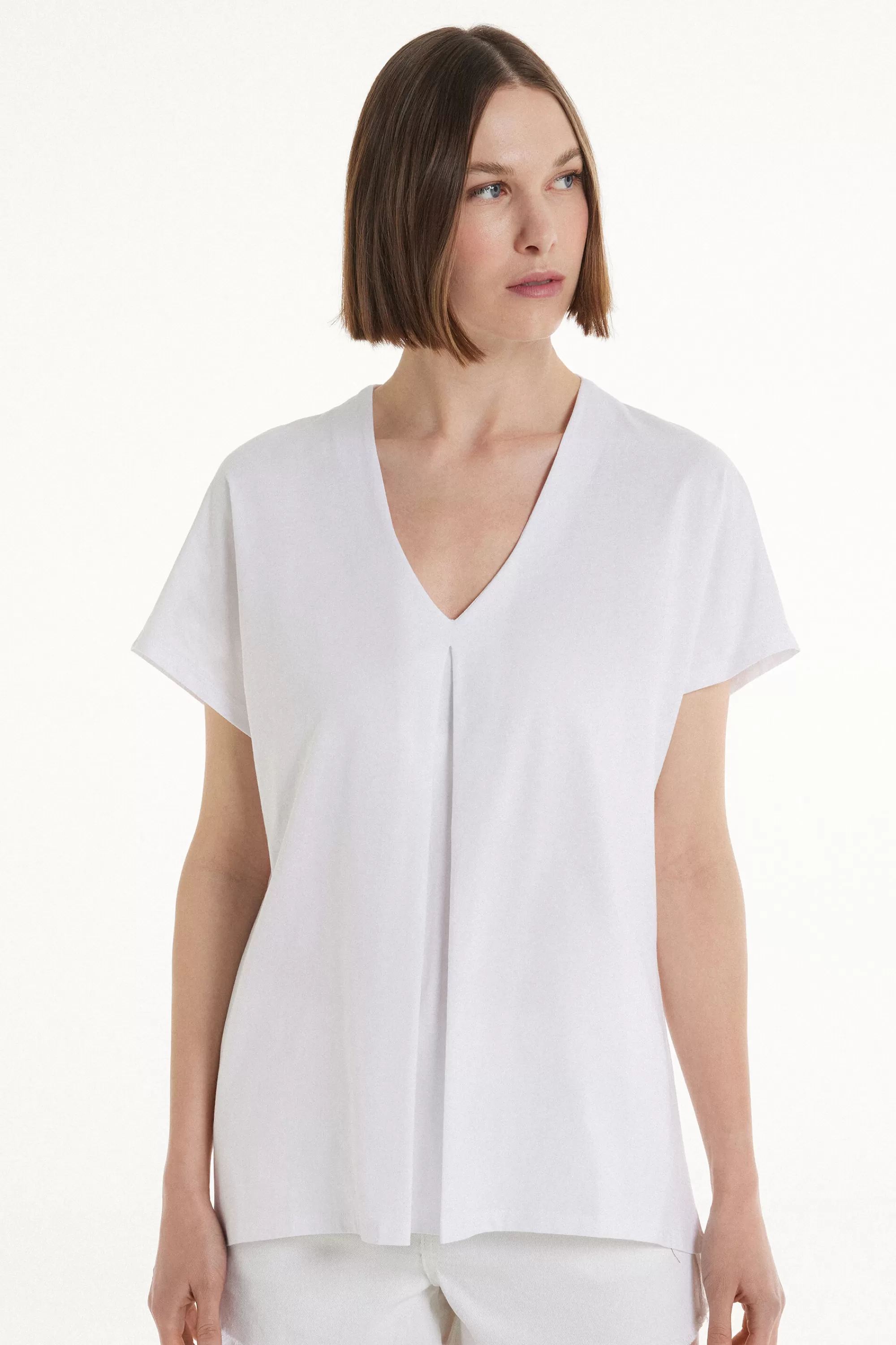 Discount T-Shirt Scollo A V Con Pince In Cotone - Magliette Maniche Corte - Donna | Magliette maniche corte