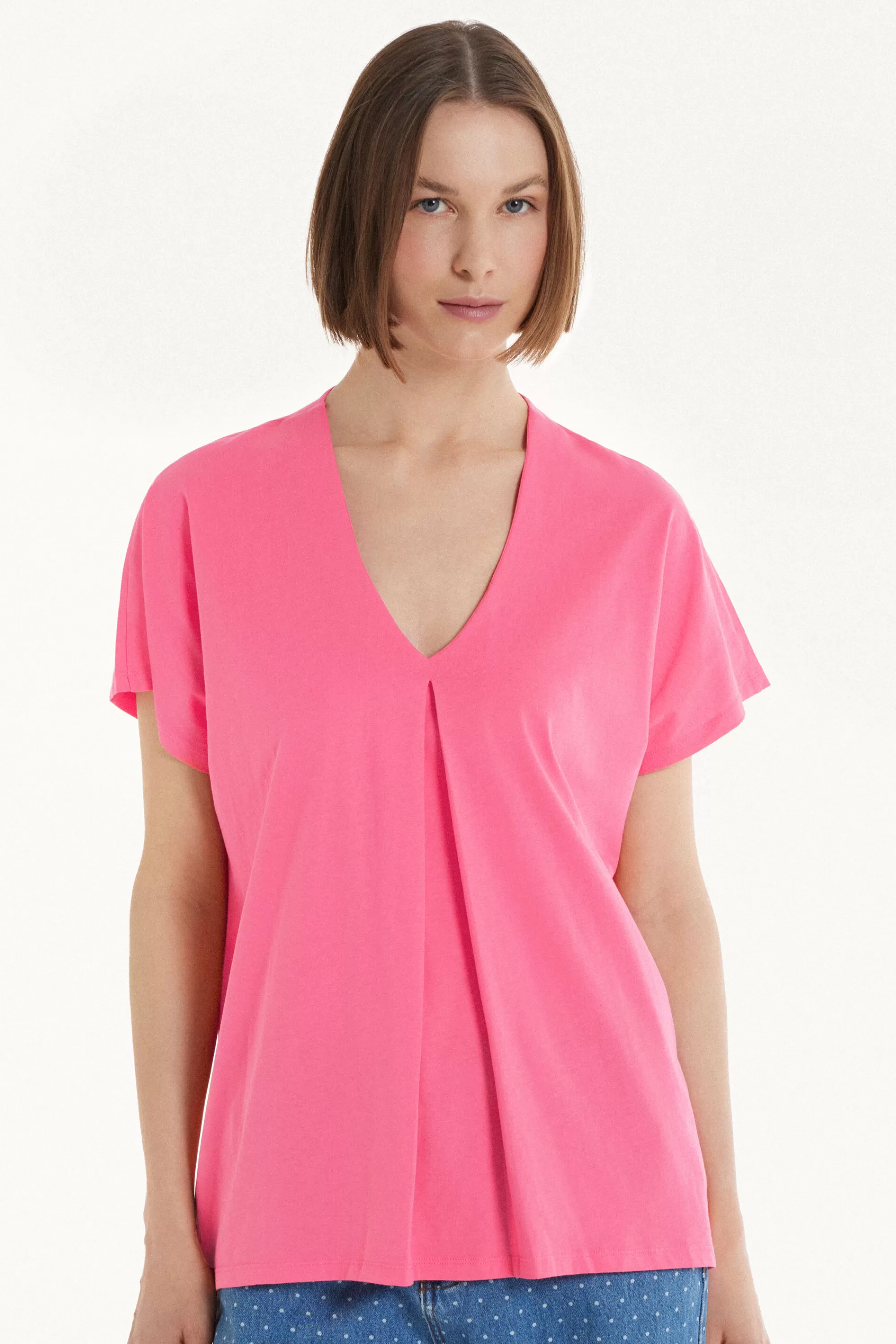 Outlet T-Shirt Scollo A V Con Pince In Cotone - Magliette Maniche Corte - Donna | Magliette maniche corte