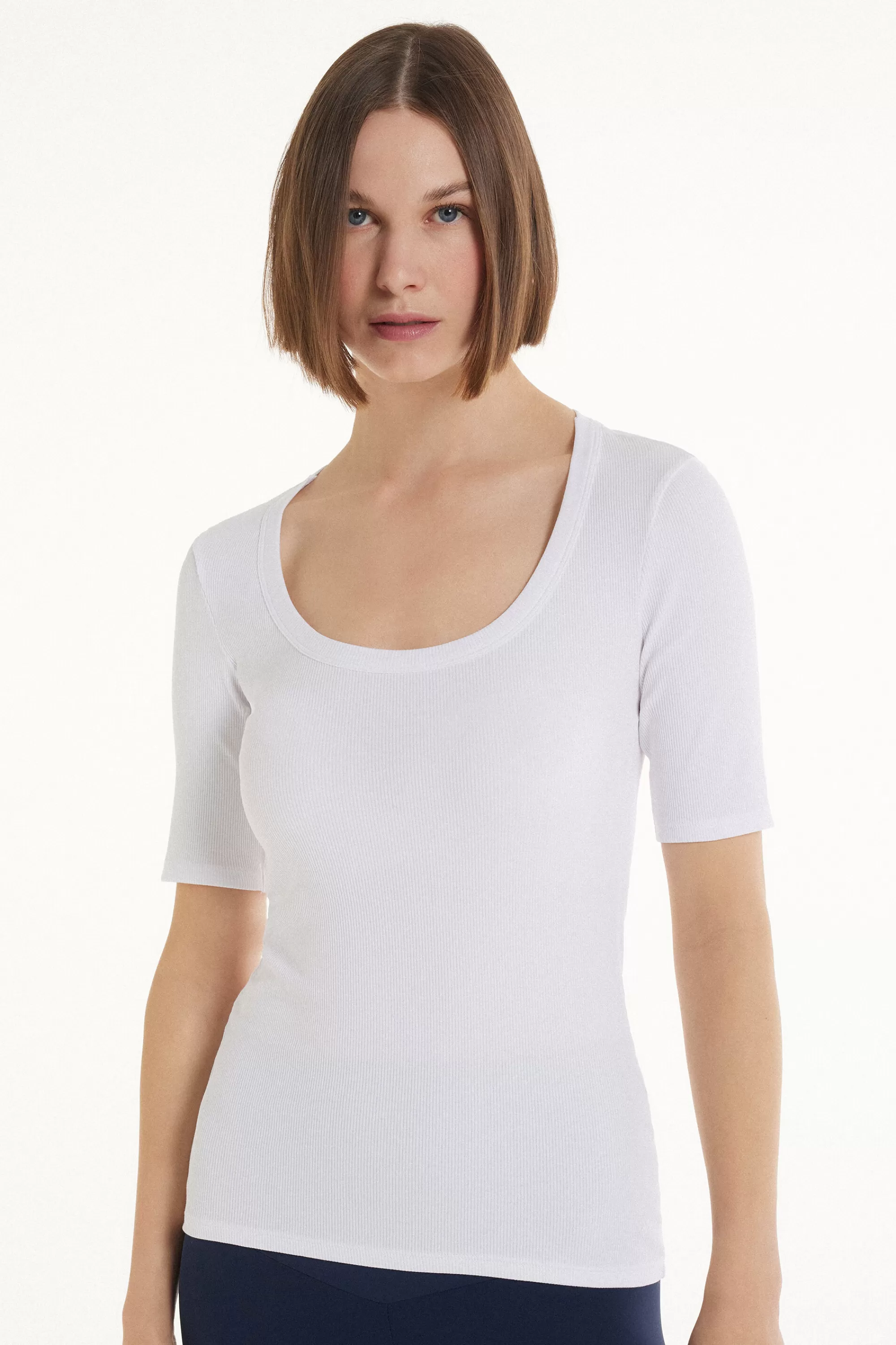 Cheap T-Shirt Scollo Madonna In Cotone A Costine - Magliette Maniche Corte - Donna | Magliette maniche corte