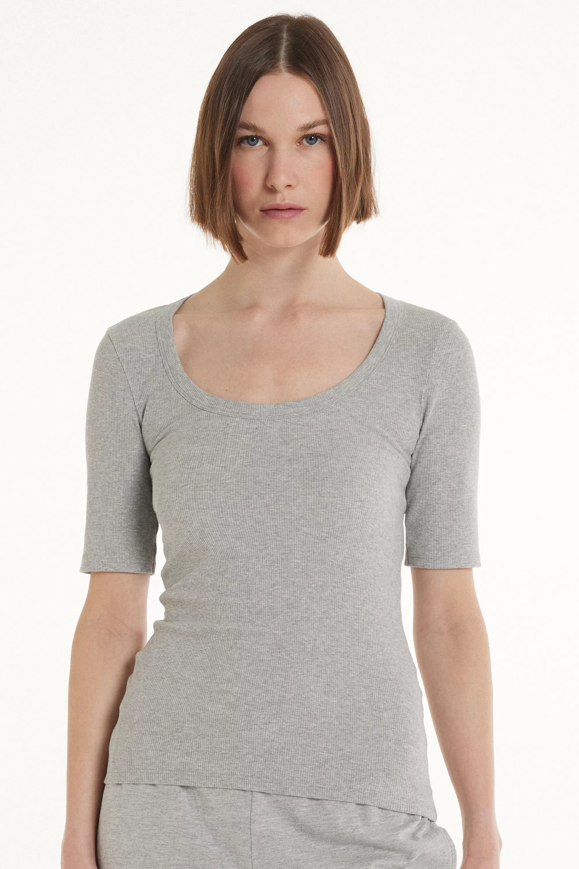 Hot T-Shirt Scollo Madonna In Cotone A Costine - Magliette Maniche Corte - Donna | Magliette maniche corte